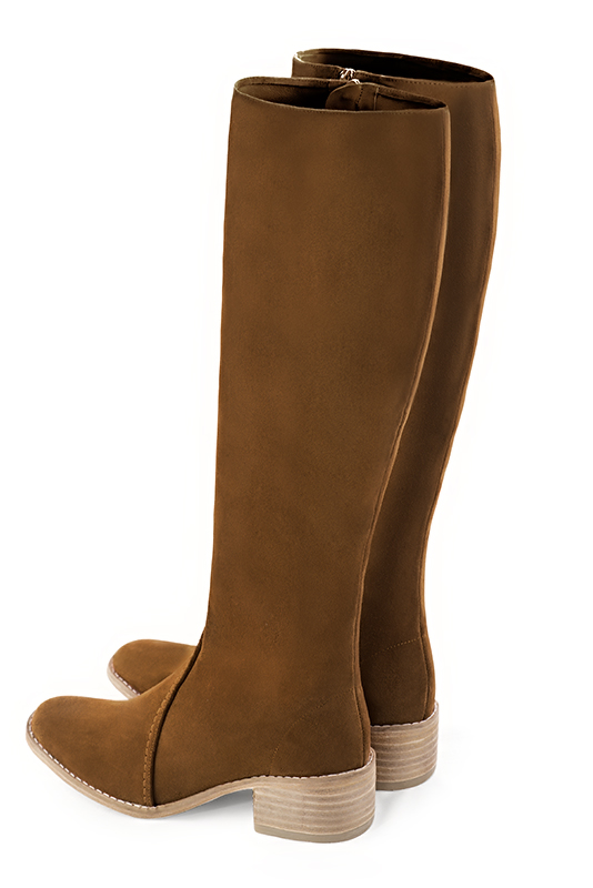 Caramel brown women's riding knee-high boots. Round toe. Low leather soles. Made to measure. Rear view - Florence KOOIJMAN